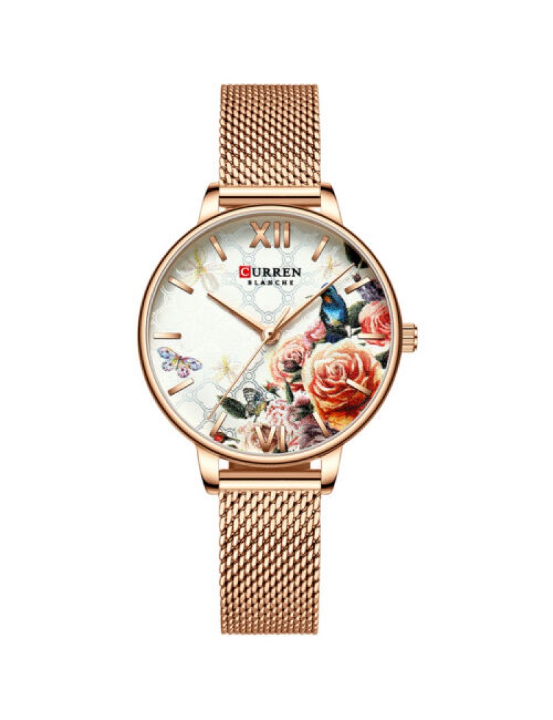 Γυναικείο ρολόι ροζ-χρυσό με πολύχρωμο καντράν